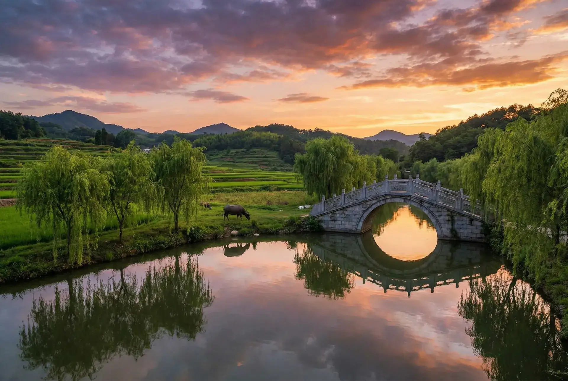 夕阳下的石拱桥与垂柳，水牛在河边吃草 - 这么可爱一下子进去一定会哭 乡村美景