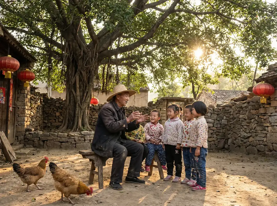 老人在大榕树下给孩子们讲故事 - 这么可爱一下子进去一定会哭 乡村记忆
